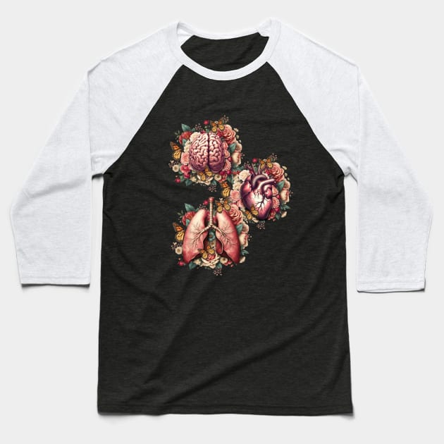 Human organs, art with vintage anatomy floral and butterflies, botany, heart, lungs and brain with floral Baseball T-Shirt by Collagedream